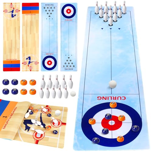 LOHAME 4 in 1 Shuffleboard Bowling Basketball Curling Tischspiele 120 x 30cm tragbare Shuffleboard Brettspiel Bowling Mini Tabletop Game Reisespiel Weihnachten Geschenke für Kinder Familie Party von LOHAME