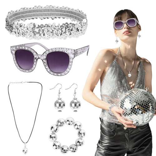 LOHAME 6 Stück Disco Accessoires 70er jahre Kostümzubehör 80er Damen Glitzer Schmuck 1970s Retro Party Zubehör Frauen Pailletten Stirnband Discokugel Ohrringe Armband Halskette Strass Sonnenbrille von LOHAME