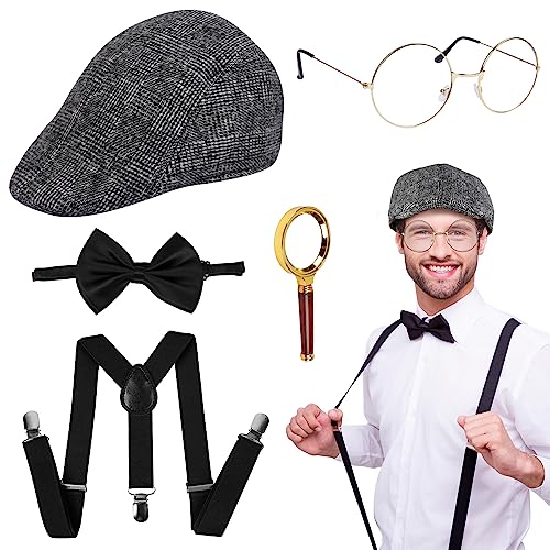 LOHAME 5 Stück 20er Jahre Accessoires Herren 1920 Kostüm Zubehör Gatsby Accessoires Set Männer mit Hut Lupe Metallbrille Fliege Hosenträge Peaky Blinders Gangster Zubehör für Mann Jungen von LOHAME