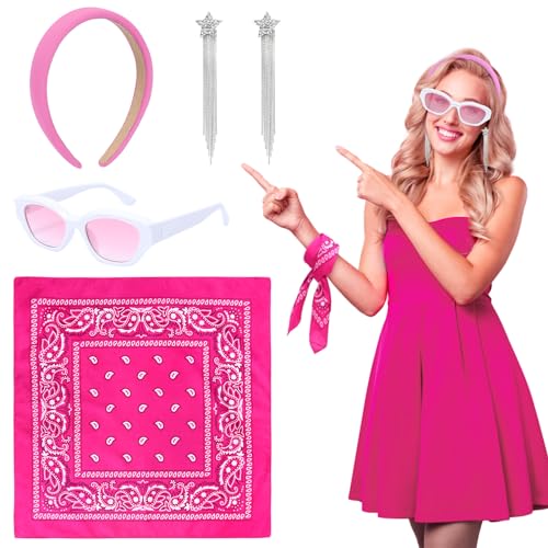 LOHAME 5tlg 80er 90er Kostüm Damen Rosa Rockabilly Accessoires 80er Jahre Pink Schmuck Retro Party Zubehör mit Haarreif Sonnenbrille Ohrringe Paisley Muster Bandana für Frauen Karneval Sommer Strand von LOHAME