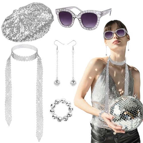 LOHAME 6 Stück Disco Accessoires 70er jahre Kostümzubehör 80er Damen Glitzer Schmuck 1970s Retro Party Zubehör Frauen Pailletten Stirnband Discokugel Ohrringe Armband Halskette Strass Sonnenbrille von LOHAME