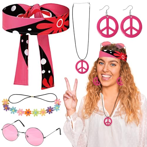 LOHAME 6 Stück Hippie Kostüm Set Damen Retro Verkleiden Rosa Hippie Accessoires Vintage 60er 70er Kostümzubehör mit Vintage Brille Friedenszeichen Halskette Buntes Stirnband für Frauen Karneval von LOHAME