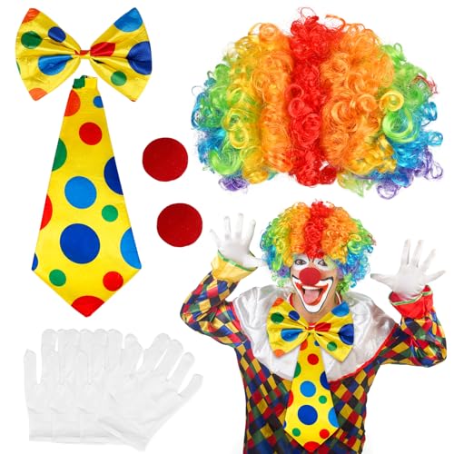 LOHAME 7 Stück Clown Kostüm Set Erwachsene Clown Kostüm Accessoire Clown Lockenperücke rot Clownsnase Bunte Fliege Handschuhe für Herren Damen Karneval Fasching Cosplay Kostümzubehör Maskerade von LOHAME