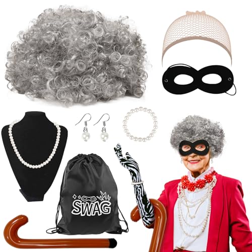 LOHAME 9tlg Oma Perücke Kostüm Einbrecher Granny Kostüm Zubehör Grau Großmutter Perücke mit Räubermaske Perlenkette Perlen Armband Old Lady Faschingskostüme für Karneval Fasching Cosplay Maskerade von LOHAME