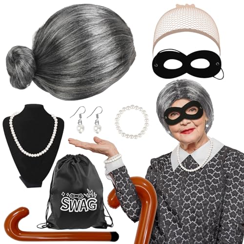 LOHAME 9tlg Oma Perücke Kostüm Einbrecher Granny Kostüm Zubehör Oma Perücke mit Augenmaske Geldsack aufblasbarer Stock Perlenkette Armband Ohrringe Großmutter Verkleidung für Fasching Karneval von LOHAME