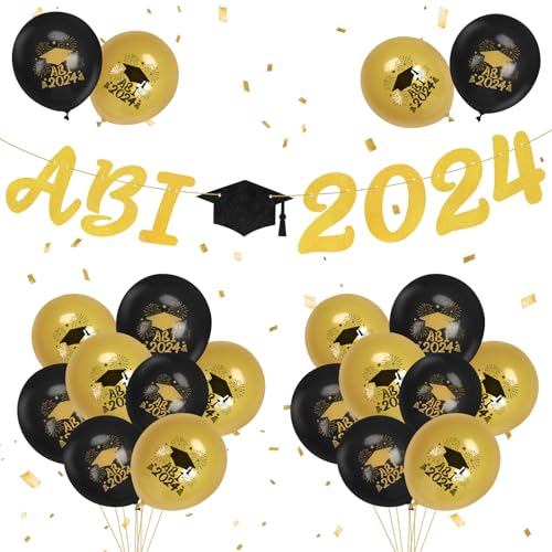 LOHAME ABI 2024 Deko Set Abitur 2024 Banner Schwarz Gold Graduation Deko Girlande mit 20 Luftballons 2024 Abschluss Girlande Schwarzgold Abschlussdekoration für Abi Abschlussfeiern Abitur Prüfung von LOHAME