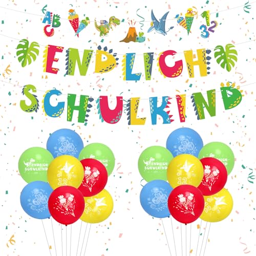 LOHAME Endlich Schulkind Banner Luftballons Einschulung Deko Junge Dinosaurier Zuckertüten Girlande Dino Schulanfang Hängende Dekoration für Mädchen Jungen Schultag Schulstart Schuleinführung Deko von LOHAME