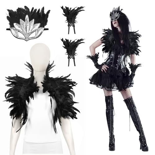 LOHAME 3tlg Halloween Schwarze Federumhang Gothic Feder Schal mit Manschette Maske Federschal Damen Böse Königin Kostüm Zubehör für Halloween Fasching Karneval Maskerade Black Swan Kostüm Frauen von LOHAME