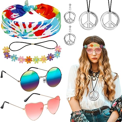 LOHAME 7 Stück Hippie Kostüm Set Damen Retro Verkleiden Hippie Accessoires Vintage 60er 70er Kostümzubehör mit Vintage Brille Friedenszeichen Halskette Buntes Stirnband für Frauen Karneval Fasching von LOHAME