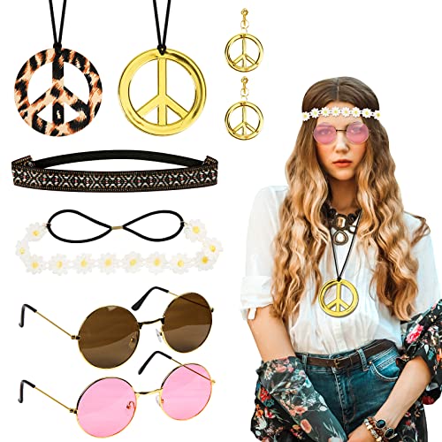 LOHAME Hippie Accessoires, Hippie Kostüm Set 60er 70er Jahre Damen Retro Zubehör mit Haarschmuck Sonnenbrille Peace Kette Mädchen Hippie Deko Schmuck für Mottoparty Disco Reisen Schlager Frau Outfit von LOHAME