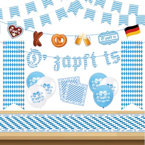 LOHAME Oktoberfest Deko O'zapft is Girlande Bayernraute Banner Wimpelkette Bayerische Blau Weiß Tischläufer Servietten mit Luftballons Bayern Dekoration für Wiesn Party Bierzelte Bierfest Hausgarten von LOHAME