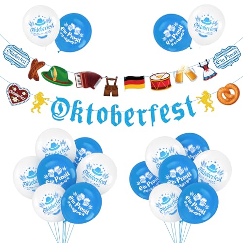 LOHAME Oktoberfest Deko Set Banner Luftballons Bayrische Dekoration Girlande blau weiß Oktoberfestdeko Bayern Deko Hintergrund Oktoberfest Partysdeko für Oktoberfest Bierfest Wiesn Party von LOHAME