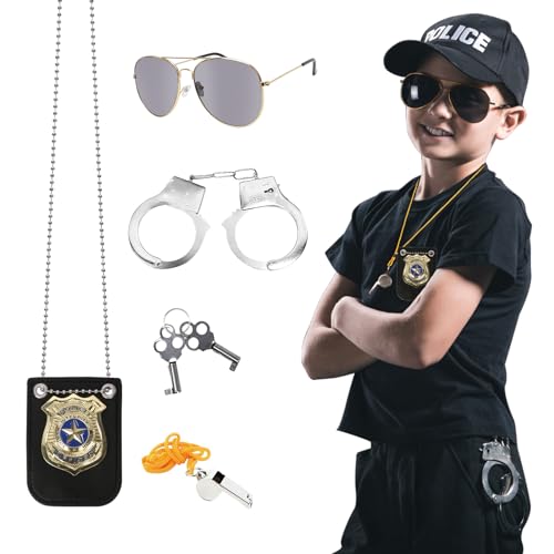 LOHAME Polizei Kostüm Kinder Polizeikostüm Polizei Zubehör Polizist Handschellen mit 2 Schlüssel Polizeiabzeichen Brille Swat Rollenspiel Accessoire für Fasching Karneval Maskerad Cosplay von LOHAME