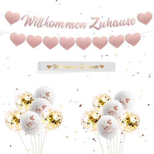 LOHAME Willkommen Zuhause Banner Welcome Home Baby Girlande Rosa Banner zur Geburt mit 18 Luftballons Babyparty Hintergrund Deko Welcome Home Dekoration für Baby Mädchen Kleinkinder Geburt von LOHAME