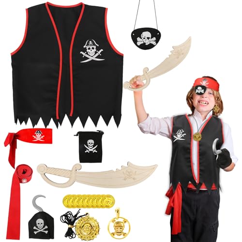 LOHAME 9 Stück Piratenkostüm Kinder Piraten Kostüm Zubehör Seeräuber Kinderkostüm mit DIY Holz Säbel Pirat Augenklappe Bandana Piratenhaken Goldmünzen für Junge Mädchen Halloween Karneval Fasching von LOHAME