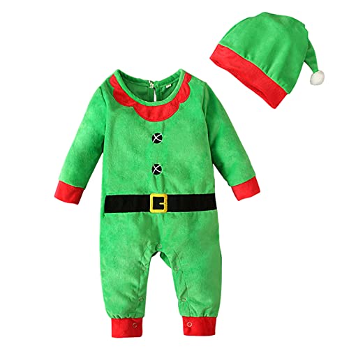 LOIJMK Baby Mädchen Weihnachten Mann Overall Langarm Strampler Hut 2 STÜCKE Strampler Outfit Set Baby Halloween Kostüm Monate (Green, 6-12 Months) von LOIJMK