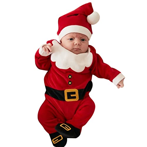 LOIJMK Neugeborenes Baby-Weihnachtsoutfit, Kleinkind, Mädchen, Weihnachtsmann-Strampler, Overall, Weihnachtskleidung, Hut-Set Hüttenschuhe 24 (Red, 0-3 Months) von LOIJMK