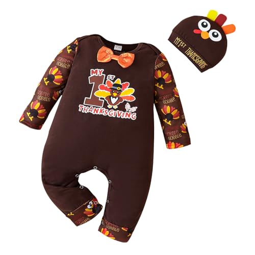 LOIJMK Thanksgiving Dress Baby Baby Crawl Suit + Hat 2 Piece Children's Turkey Print Crawl Suit Kids Body (Coffee, 0-3 Months) von LOIJMK