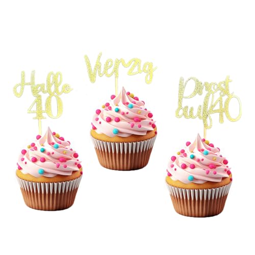 LOINFE Cupcake Topper, 24 Stück Geburtstag Tortendeko, Cake Topper Geburtstag, 40. Gold Kuchentopper für Hochzeit Geburtstag Party Kuchen Dekorationen von LOINFE