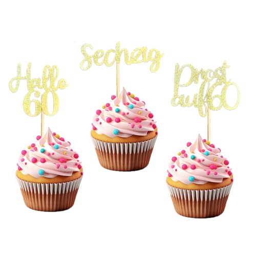 LOINFE Cupcake Topper, 24 Stück Geburtstag Tortendeko, Cake Topper Geburtstag, 60. Gold Kuchentopper für Hochzeit Geburtstag Party Kuchen Dekorationen von LOINFE