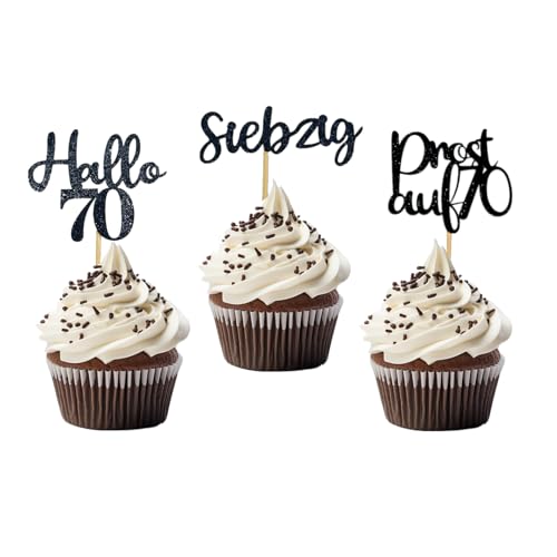 LOINFE Geburtstag Cupcake Topper, 24 Stück Cake Topper Geburtstag, Happy Birthday 70 Jahre Kuchendeko, Tortendeko für Party Dekoration Kuchen Dekorationen（Schwarz） von LOINFE