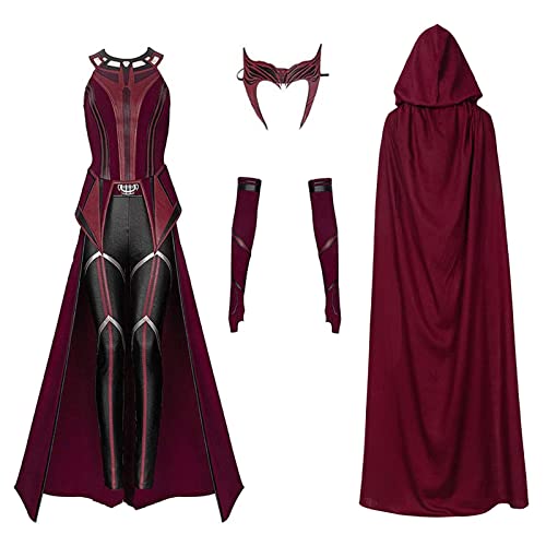 Wanda Maximoff Kostüm Scarlet Wanda Hexe Cosplay Outfit Overall Scarlet Scary Witch Headpiece Red Cloak 5pcs Wanda Outfit Kostüm Cosplay für Halloween Frauen Maximoff Kostüm mit Kopfbedeckung von LOKI Helmet