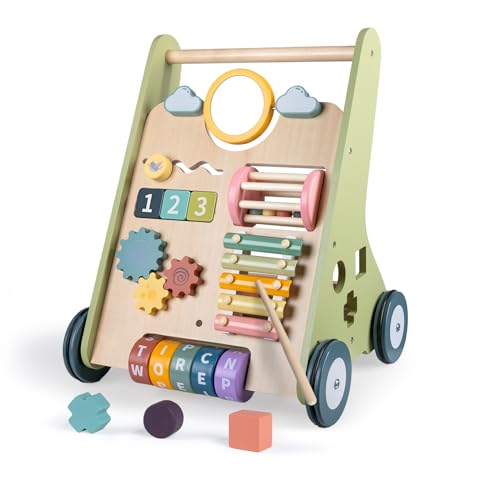 LOL-FUN Baby Lauflernwagen Holz, 10 in 1 Activity Center Baby Lauflernhilfe, Multi Aktivitäten Lauflernwagen Lernspielzeug für Jungen Mädchen ab 12 Monate Geschenk von LOL-FUN