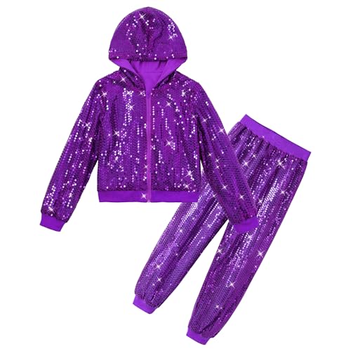 LOLANTA 2-teiliges Mädchen-Tanz-Outfit-Set, kurze Paillettenjacke, Hose, Hip-Hop-Tanzkostüme für 80er-/90er-Jahre-Party, 5–15 Jahre, Violett, 12-13 Jahre LOLANTA 2-teiliges Mädchen-Tanz-Outfit-Set, kurze Paillettenjacke, Hose, Hip-Hop-Tanzkostüme für 80er-/90er-Jahre-Party, 5–15 Jahre, Violett, 12-13 Jahre von LOLANTA