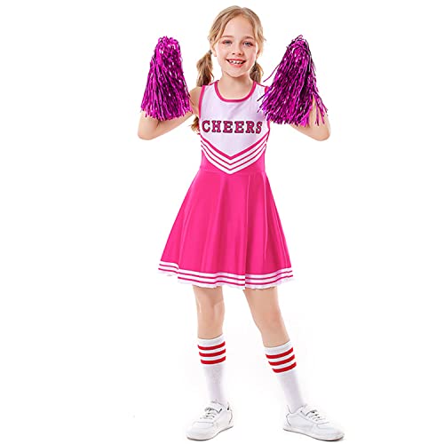 LOLANTA Cheerleader Kostüm Kinder, Cheerleadering Outfit Mädchen mit Pompons(10-11 Jahre,Rosa,Tag 150) von LOLANTA