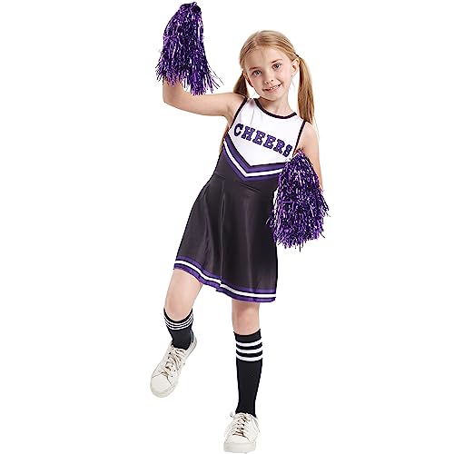 LOLANTA Cheerleader Kostüm Kinder, Cheerleadering Outfit Mädchen mit Pompons(6-7 Jahre,Schwarz,Tag 130) von LOLANTA