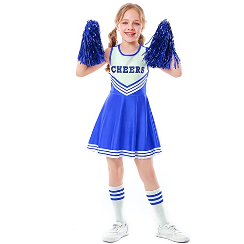 LOLANTA Cheerleader Kostüm Kinder, Cheerleadering Outfit Mädchen mit Pompons(8-9 Jahre,Blau,Tag 140) von LOLANTA