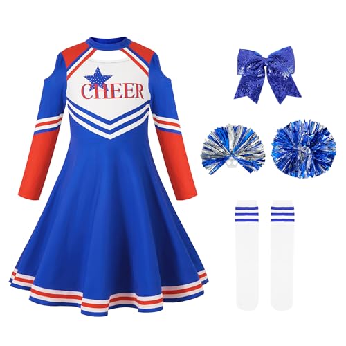 LOLANTA Cheerleader Kostüm Kinder, Mädchen Cheerleader Uniform kleid mit Pompoms Socken und Kopfschmuck, Langärmeliges Cheerleading Karnevalskostüm(Blau,12-13 Jahre,Tag-Größe 160) von LOLANTA