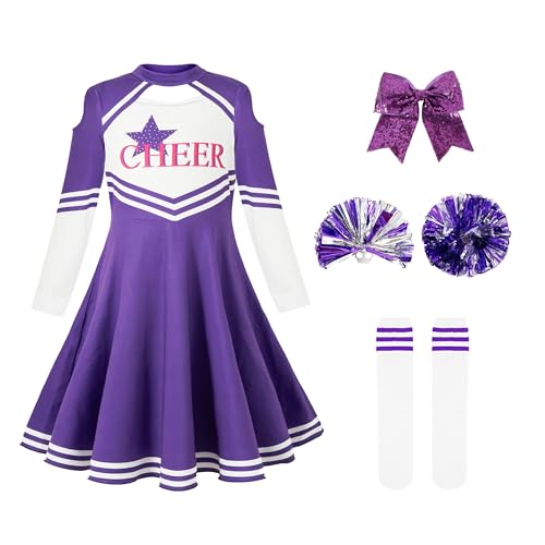 LOLANTA Cheerleader Kostüm Kinder, Mädchen Cheerleader Uniform kleid mit Pompoms Socken und Kopfschmuck, Langärmeliges Cheerleading Karnevalskostüm(Lila,10-11 Jahre,Tag-Größe 150) von LOLANTA