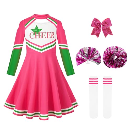 LOLANTA Cheerleader Kostüm Kinder, Mädchen Cheerleader Uniform kleid mit Pompoms Socken und Kopfschmuck, Langärmeliges Cheerleading Karnevalskostüm(Rosa, 9-10 Jahre,Tag 140) von LOLANTA