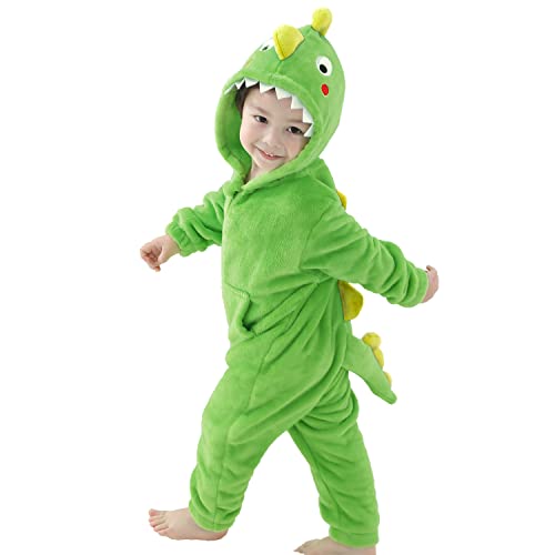 LOLANTA Kinder Grün Dinosaurier Kostüm, Kinder Tier Flanell Strampler Overall, 1-2 Jahre, Dunkelgrün, Etikettengröße XS von LOLANTA