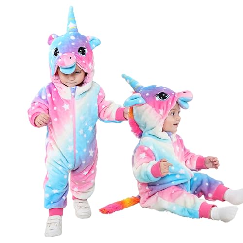 LOLANTA Kleinkind Regenbogen Einhorn Kostüm Mädchen, Plüsch mit Kapuze Strampler für Baby, Blau Rosa, 12-18 Monate von LOLANTA