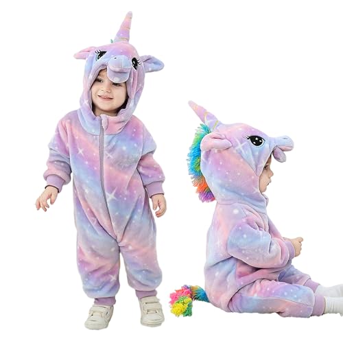 LOLANTA Kleinkind Regenbogen Einhorn Kostüm Mädchen, Plüsch mit Kapuze Strampler für Baby, Lila rosa, 12-18 Monate von LOLANTA