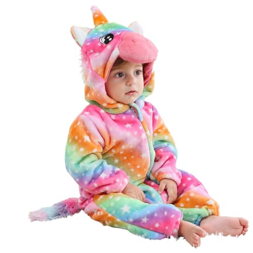 LOLANTA Kleinkind Regenbogen Einhorn Kostüm Mädchen, Plüsch mit Kapuze Strampler für Baby, Regenbogen, 12-18 Monate von LOLANTA