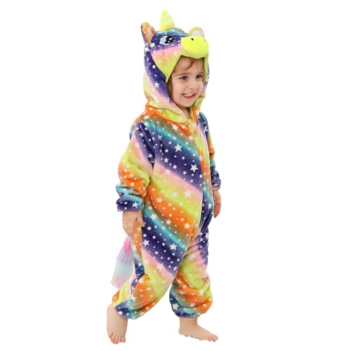 LOLANTA Kleinkind Regenbogen Einhorn Kostüm Mädchen, Plüsch mit Kapuze Strampler für Baby, Sternenhimmel, 12-18 Monate von LOLANTA