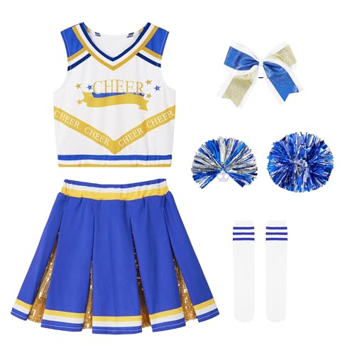 LOLANTA Mädchen Cheerleader Kostüm Kinder Blau Pailletten Cheerleader Kleid mit Pompoms Socken Kopfschmuck Mittelschule Cheerleading Uniform Karneval Kostüm(10-11 Jahre, Tag 150) von LOLANTA