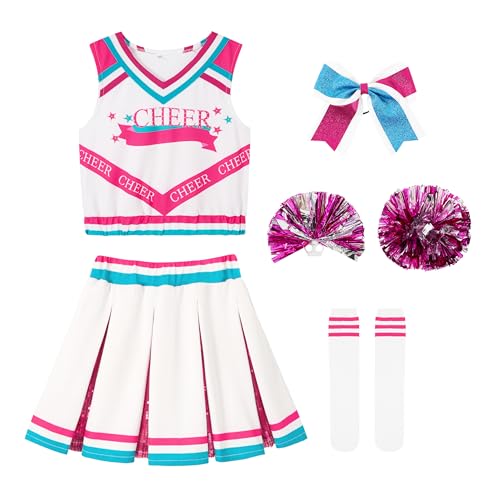 LOLANTA Mädchen Cheerleader Kostüm Kinder Rosa Cheerleader Kleid mit Pompoms Socken Kopfschmuck Mittelschule Cheerleading Uniform Karneval Kostüm(Rosa, 10-11 Jahre, Tag 150) von LOLANTA