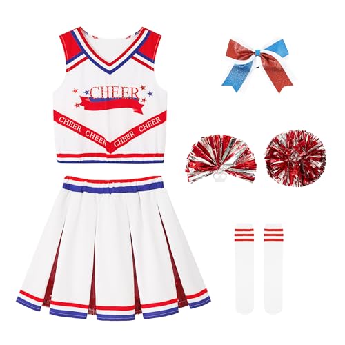 LOLANTA Mädchen Rot Cheerleader Kostüm Kinder Cheerleader Kleid mit Pompoms Socken Kopfschmuck Mittelschule Cheerleading Uniform(Rot, 10-11 Jahre, Tag 150) von LOLANTA