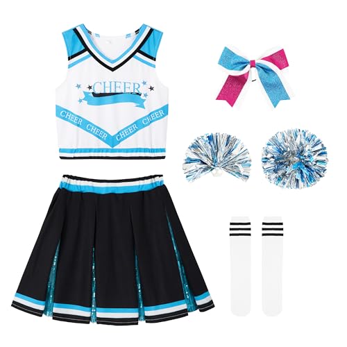 LOLANTA Mädchen Cheerleader Kostüm Kinder Seeblau Pailletten Cheerleader Kleid mit Pompoms Socken Kopfschmuck Mittelschule Cheerleading Uniform Karneval Kostüm(9-10 Jahre, Tag 140) von LOLANTA