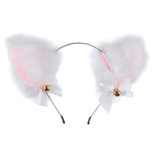 LOLIPPYY Kuscheliger Katzenohren Haarreif mit Glöckchen und Schleife Plüsch Kopfband für Mädchen Cosplay Kostüm und Party Zubehör Weiß rosa Design LOLIPPYY Kuscheliger Katzenohren Haarreif mit Glöckchen und Schleife Plüsch Kopfband für Mädchen Cosplay Kostüm und Party Zubehör Weiß rosa Design von LOLIPPYY