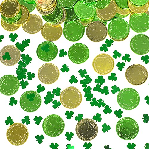 LOMIMOS St. Patrick's Day Tischdekorationen, 120 Stück Kunststoffmünzen und 28 g Kleeblatt-Kleeblatt-Konfetti-Streusel für irische Partydekoration, Gastgeschenke von LOMIMOS