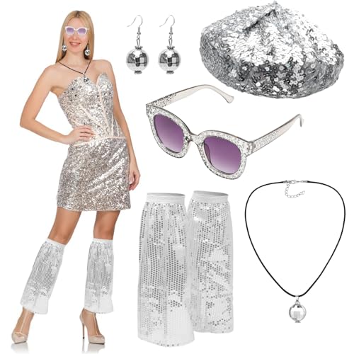 LOMUG 70er Jahre Kostüm Accessoires Set: Glitzer Baskenmütze, Disco Hut, Pailletten-Stulpen, Disco Sonnenbrille, Discokugel-Ohrringe – Ideal für Fasching, Karneval und 70er/80er Jahre Outfits von LOMUG