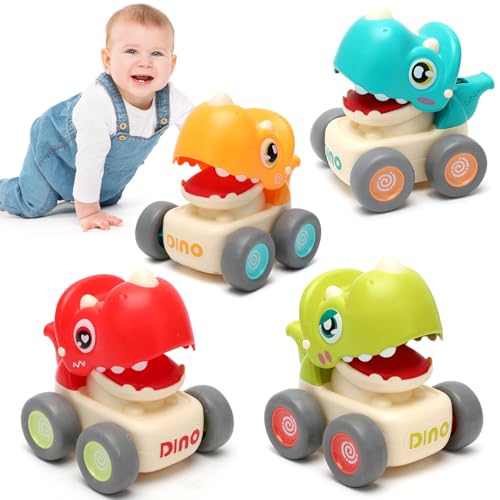 LOMUG Auto Spielzeug ab 1 Jahr Junge, 4 Stück Baby Spielzeug 1 2 3 Jahr, Dinosaurier Auto Spielzeug ab 1 Jahr Jungen und Mädchen,Auto Spielfahrzeug Set Spielzeugauto Geschenk für Kinder ab 1 2 3 Jahre von LOMUG