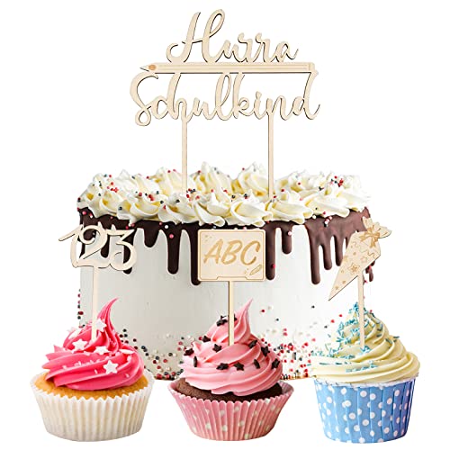 LOMUG Cake Topper Einschulung,4 Stück Hurra Schulkind Tortendeko Einschulung Deko Schulanfang Einschulungsdeko Holz Cake Topper Torte Kuchendeko Schuleinführung Party Deko für Kinder Junge und Mädchen von LOMUG