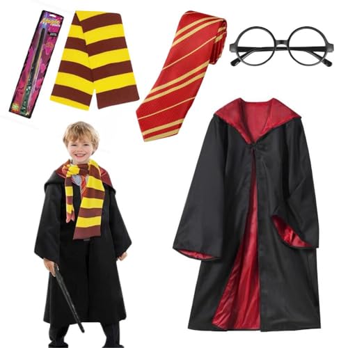 LOMUG Cosplay Kostüm mit Umhang Outfit Set, Magier Robe mit Zauberstab Krawatte Brille, Kostüm Zubehör Set für Kinder Jungen Mädchen Striped Tie Gestreifte Krawatte zum Karneval Fasching Halloween von LOMUG