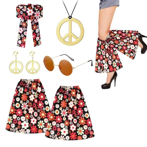 LOMUG Hippie Kostüm Damen Set, 5 Stück 70er Jahre Hippie Accessoires, 70er Hippie Kleid Damen Set mit Stirnband und Stulpen, Halskette, Sonnenbrille, Frauen Hippie Kostüm Set für Karneval Party von LOMUG